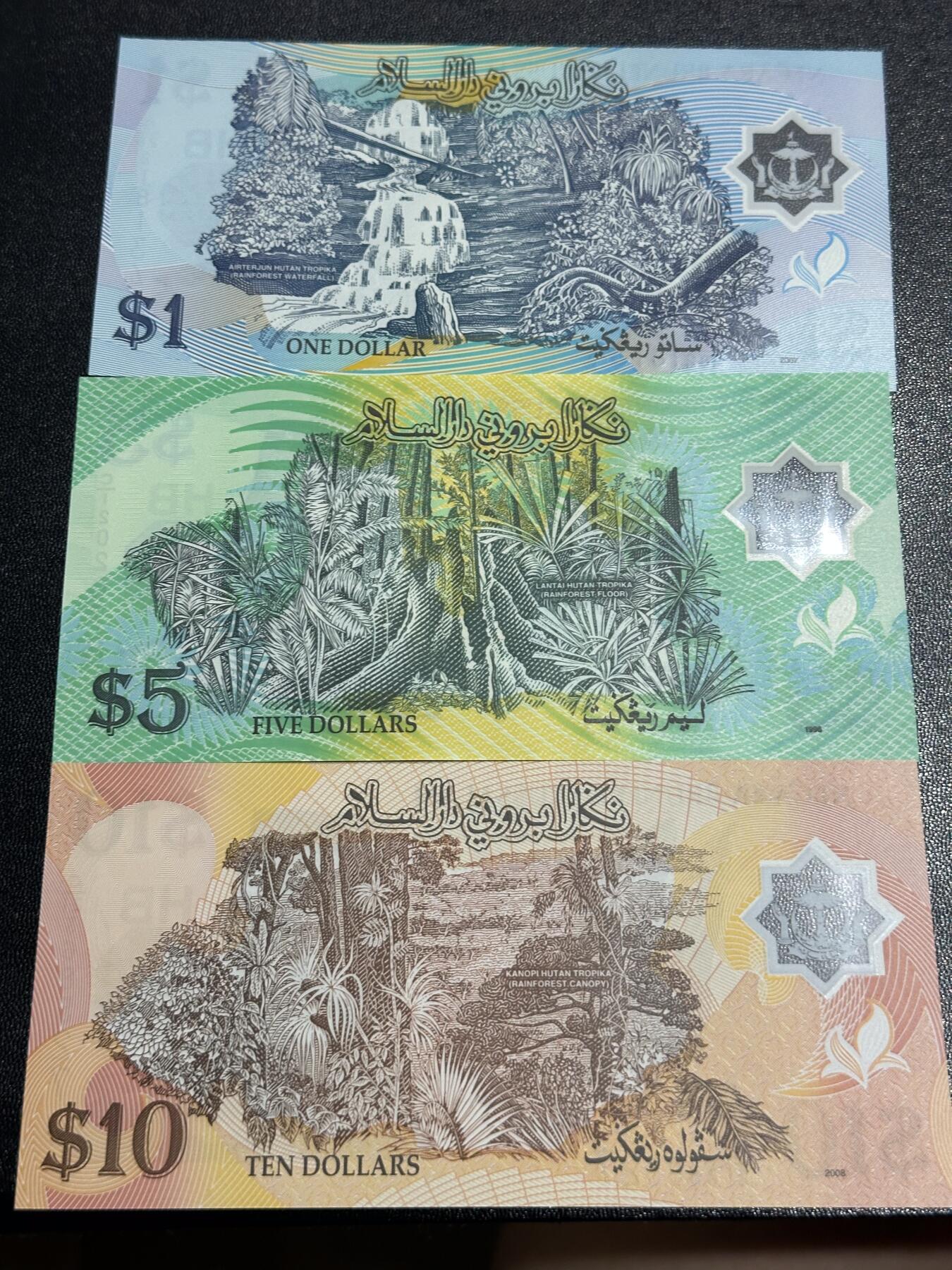 《外钞收藏家》第六百二十六期（精品场）（长期征集拍品、欢迎藏友们联系合作） 文莱倒三版本1/5/10林吉特塑料钞（其中5林吉特C1首发字冠）	UNC