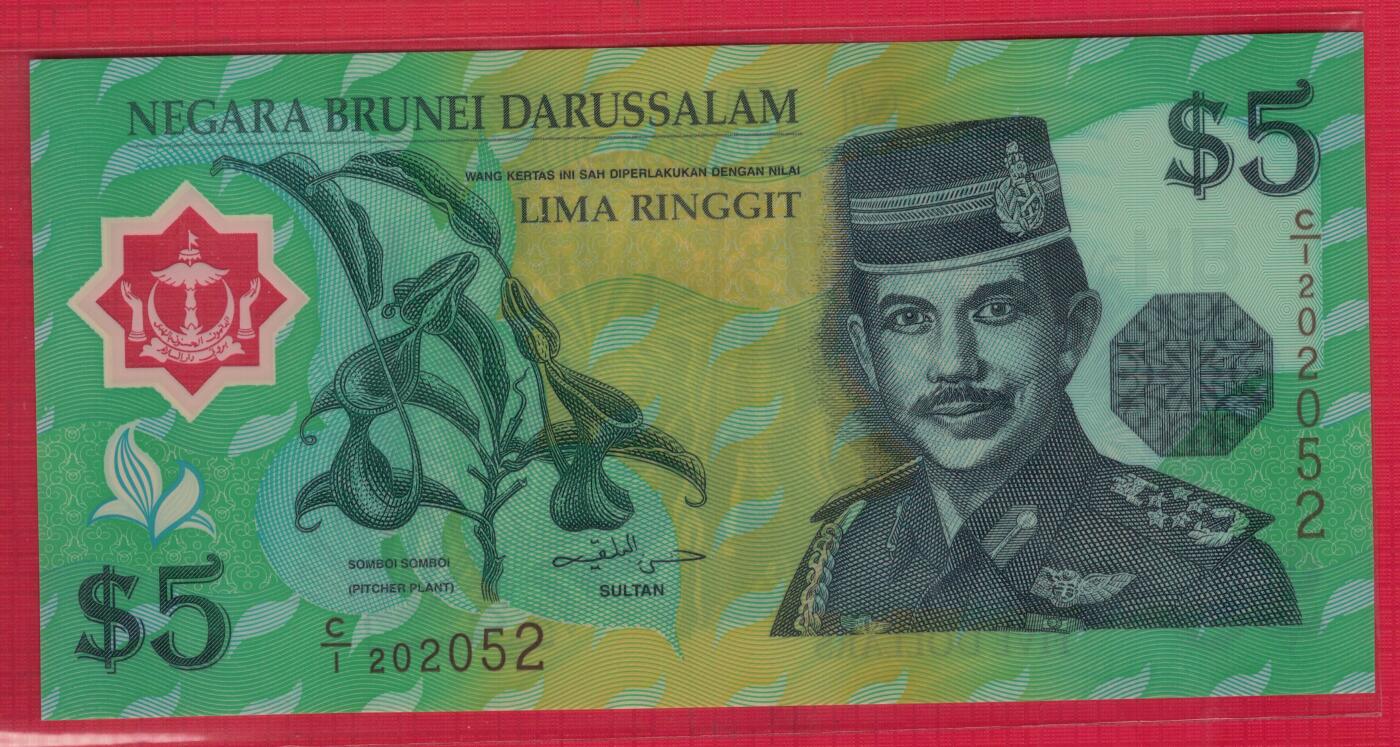 文莱1996年5林吉特 塑料钞 C/1首发冠 数三无47 实物图 UNC