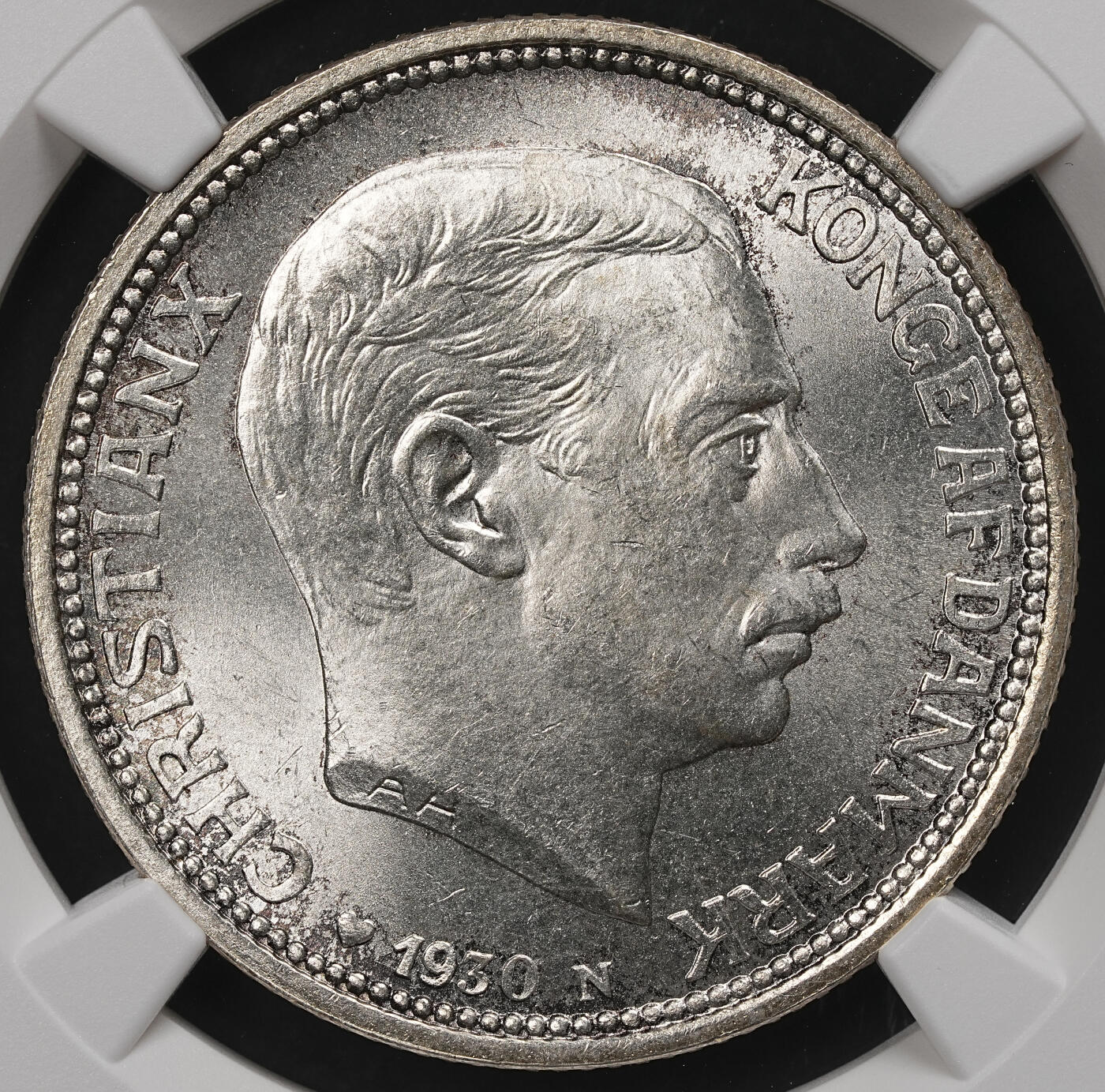 修遠堂世界钱币第111期 NGC MS66 1930年丹麦国王60大寿纪念2克朗银币