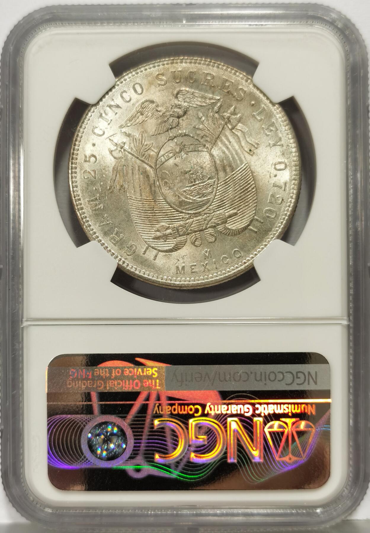博洋堂世界钱币拍卖第168期（全场包邮） NGC MS65 厄瓜多尔1944年5苏克雷大银币，极美五彩包浆，光度非常好，极美状态，一步到位的品相。