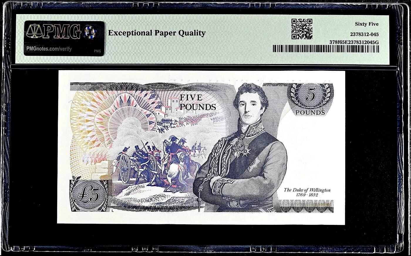 【礼羽收藏】🌏世界钱币拍卖第132期 【d序列】英国5镑 女王&惠林顿公爵 无347数三靓号 绝品无斑 PMG65