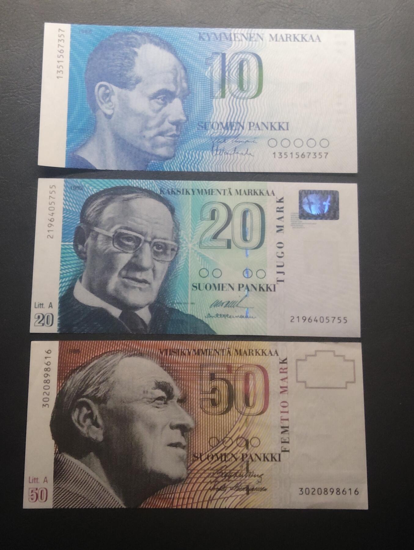 2026四月第二期，总第223期 芬兰倒一版10+20+50马克UNC-/UNC·