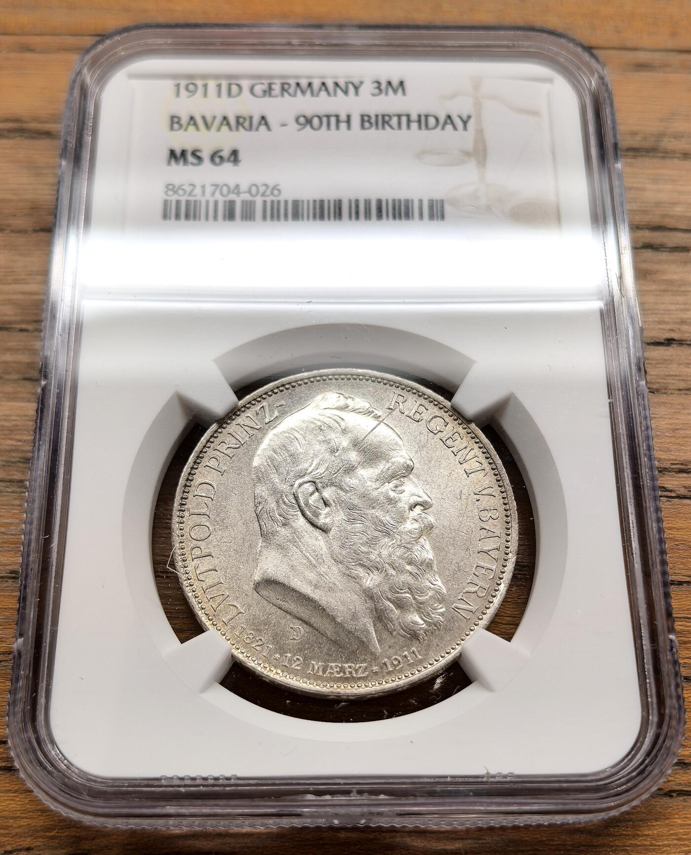 凡希社世界钱币微拍第三百二十二期 1911D德国巴伐利亚3马克纪念银币NGC-MS64