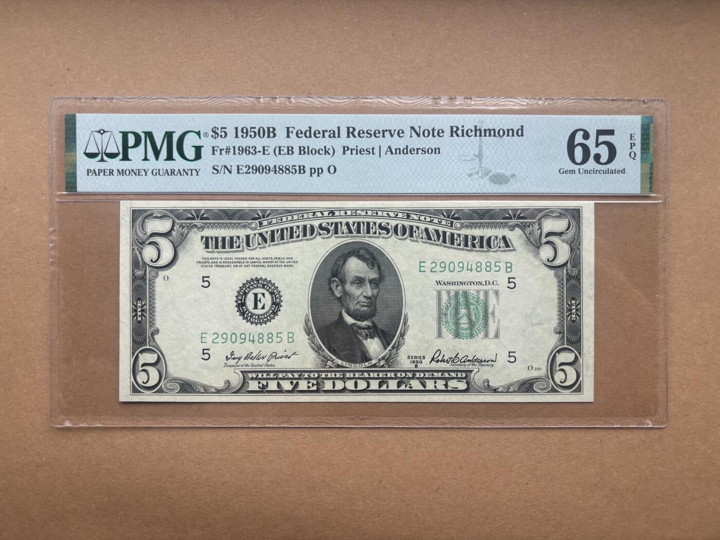 【礼羽收藏】🌏世界钱币拍卖第132期 1950B版 5美 PMG65E