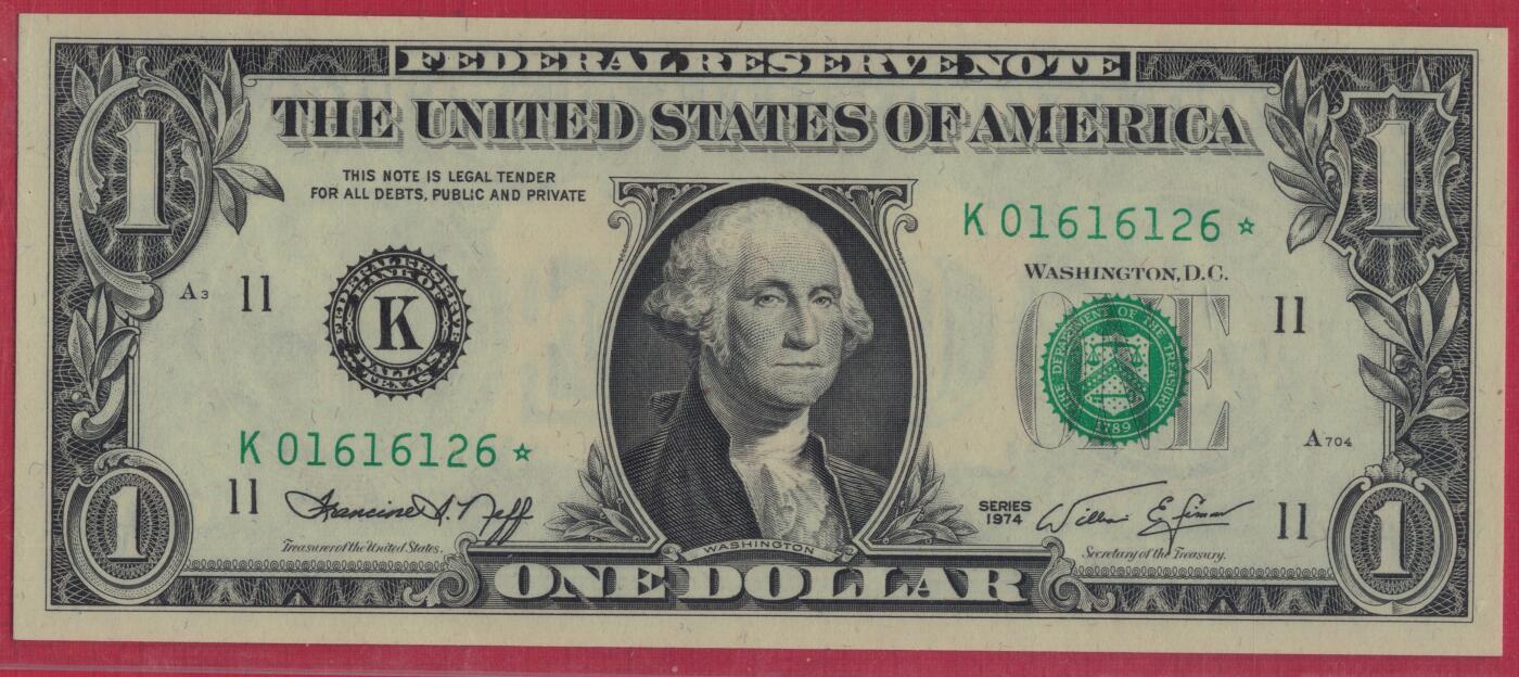 美国1974年1元(圆) 星号补号券(☆号补号券) 朦胧号(无3457) 实物图 UNC