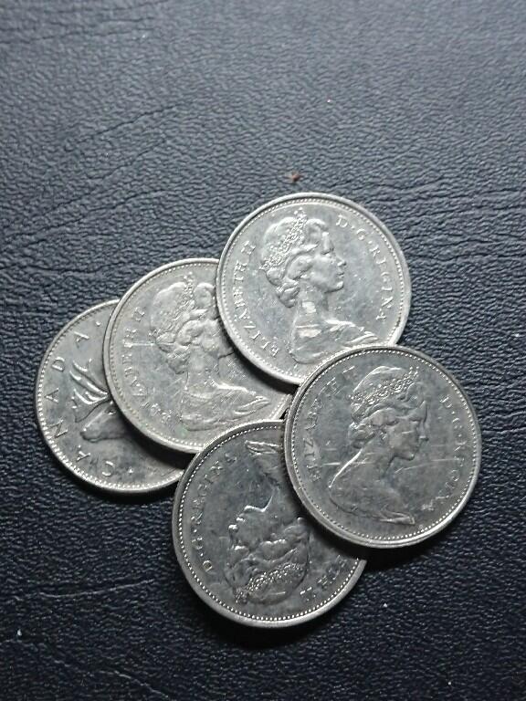 松南世界钱币——260409 加拿大驯鹿25分镍币5枚2