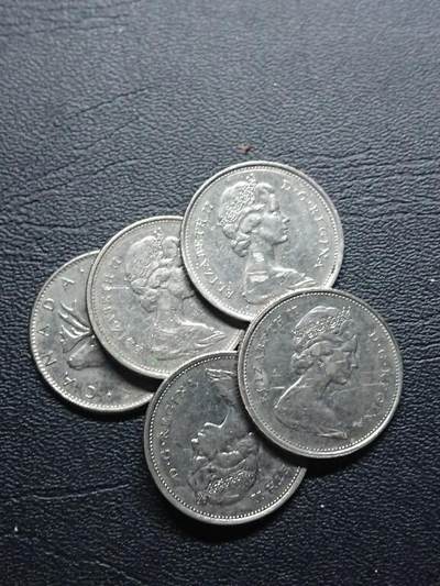 松南世界钱币——260409 - 加拿大驯鹿25分镍币5枚2