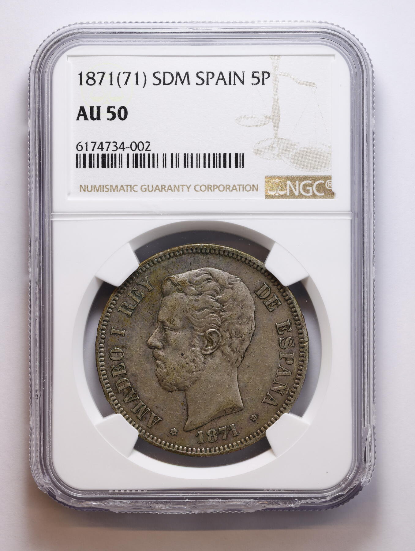 观钱 近现代机制币拍卖No.008（全场顺丰包邮，不区分偏远地区）  1871 (71) 西班牙阿玛迪奥一世 5 比塞塔双柱银币 NGC AU50 盒子下方有磕损，介意勿拍