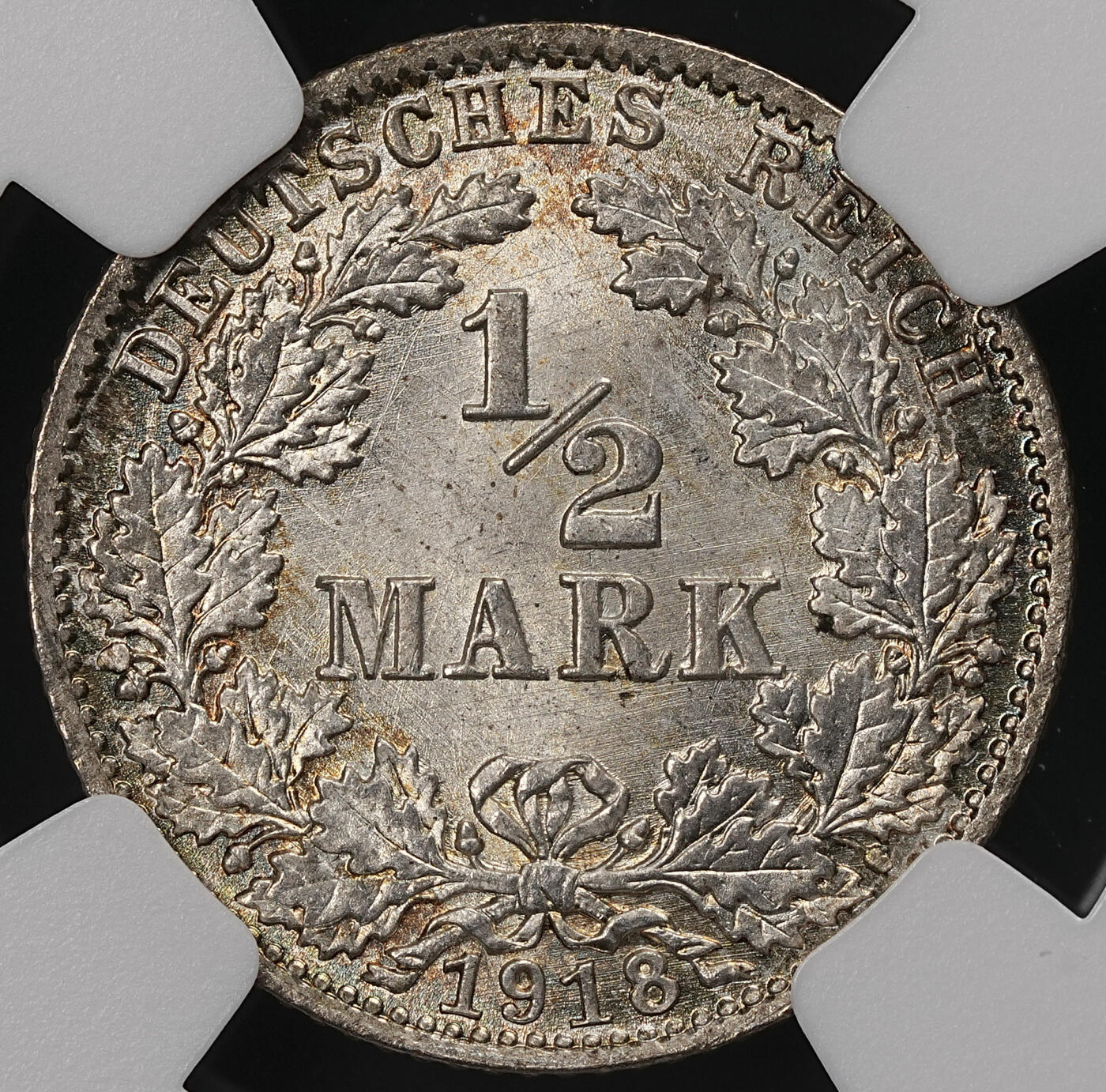 修遠堂世界钱币第111期 NGC MS67 1918年德国1/2马克银币 D厂铭