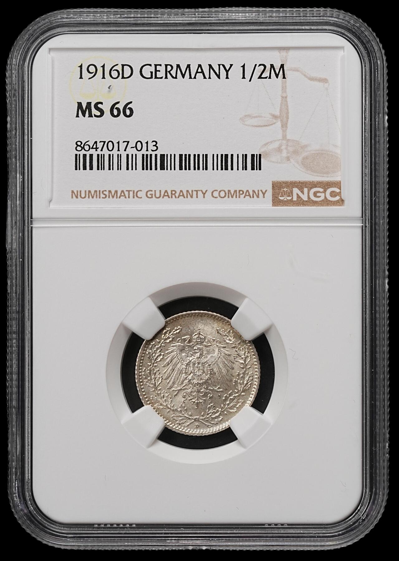 修遠堂世界钱币第111期 NGC MS66 1916年德国1/2马克银币 D厂铭