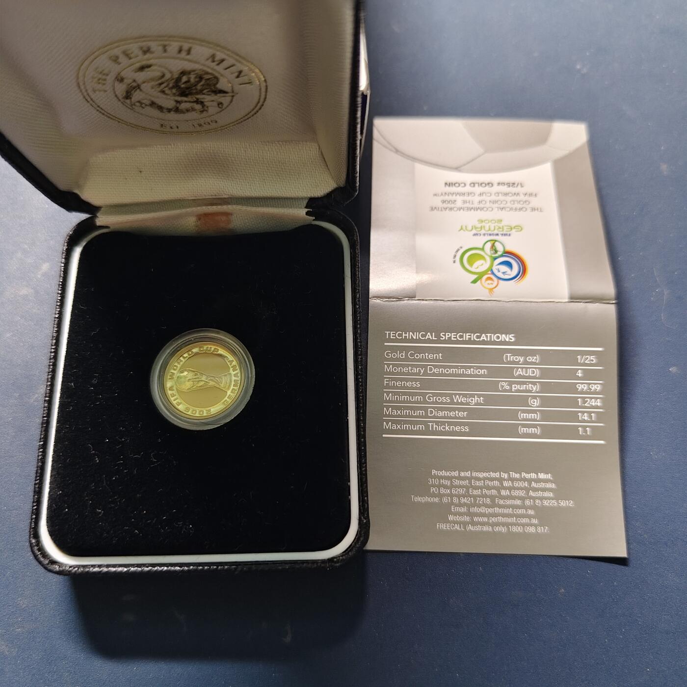 【全场包邮】纯粹捡漏拍521场 【金币】澳大利亚2006年4元德国世界杯精制纪念金币【13.92毫米1.244克99.9%】-盒证全