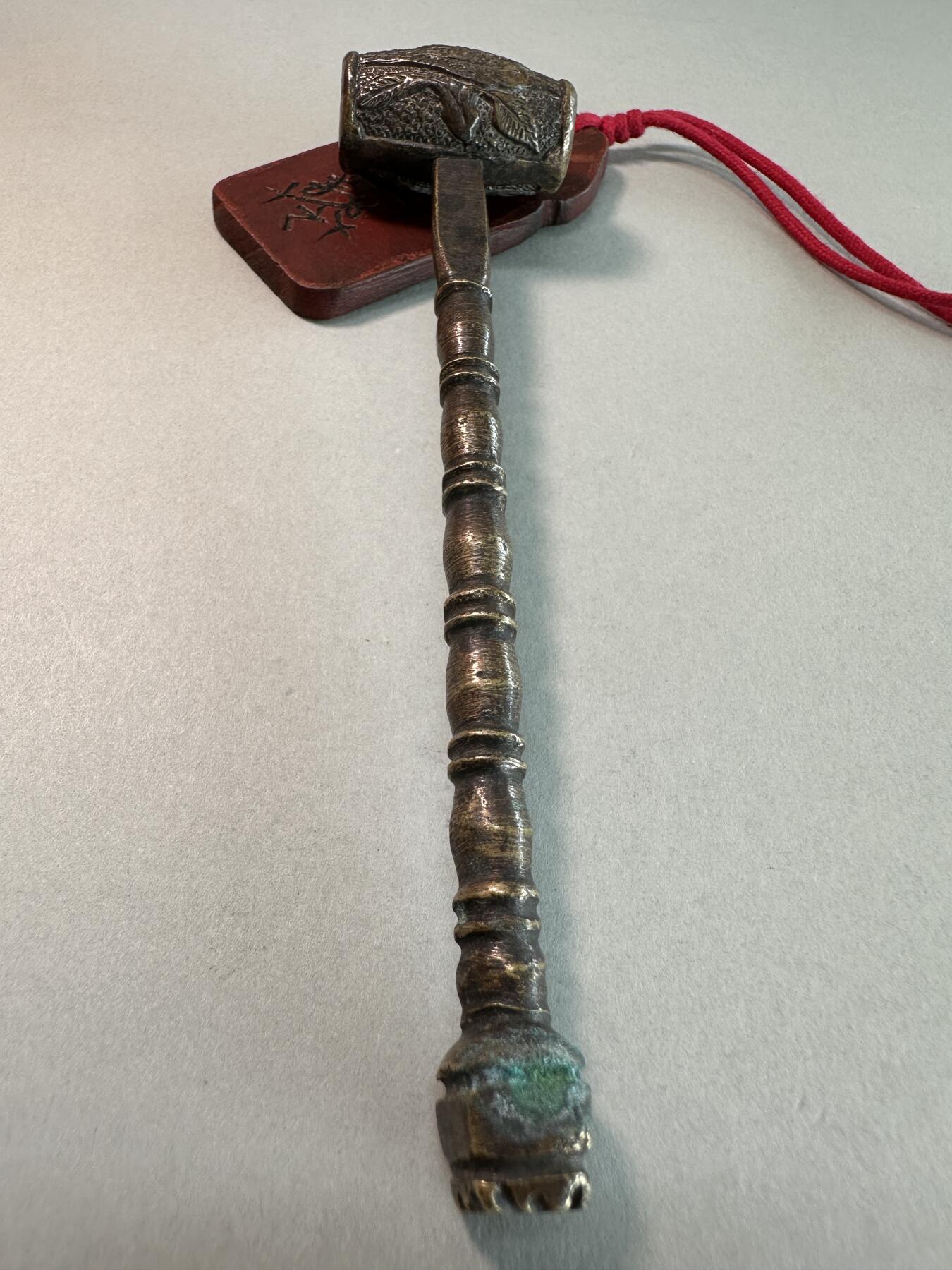 民国老黄铜錾花竹节柄花鸟纹小铜锤 传世良美品 民俗文玩雅器