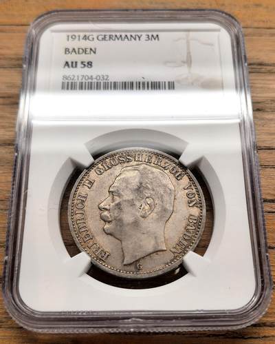 凡希社世界钱币微拍第三百二十二期 - 1914G德国巴登3马克银币NGC-AU58