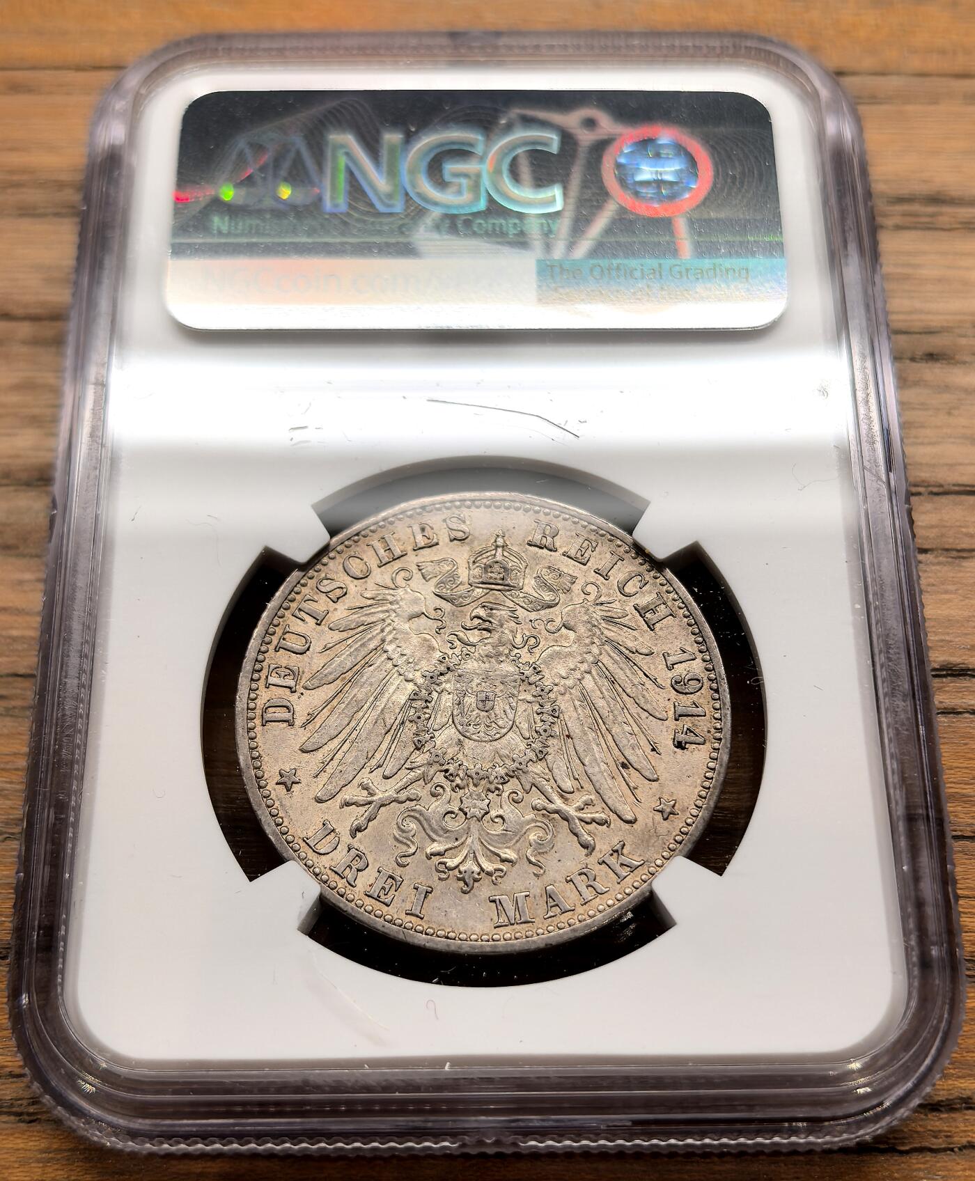 凡希社世界钱币微拍第三百二十二期 1914G德国巴登3马克银币NGC-AU58