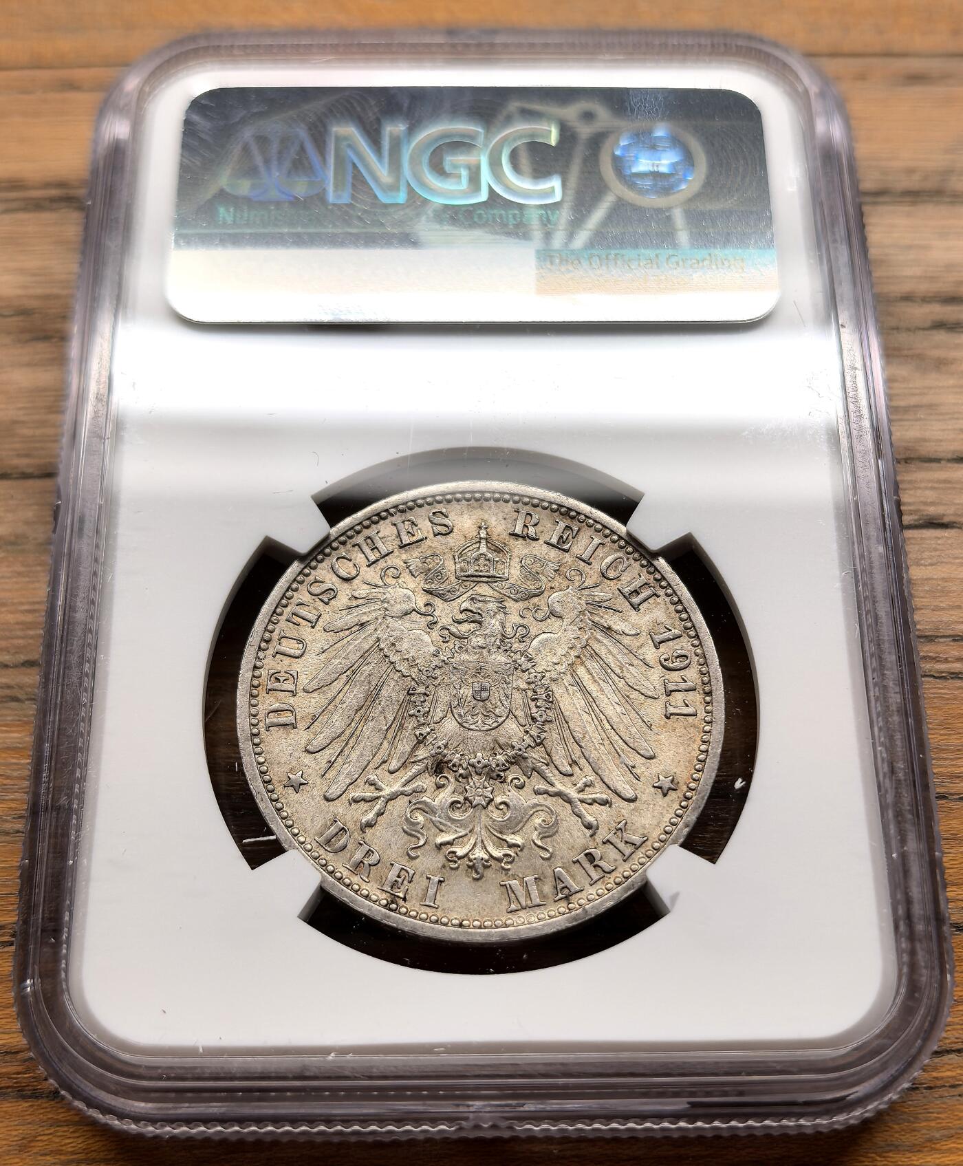 凡希社世界钱币微拍第三百二十二期 1911F德国符腾堡金婚3马克纪念银币NGC-MS64