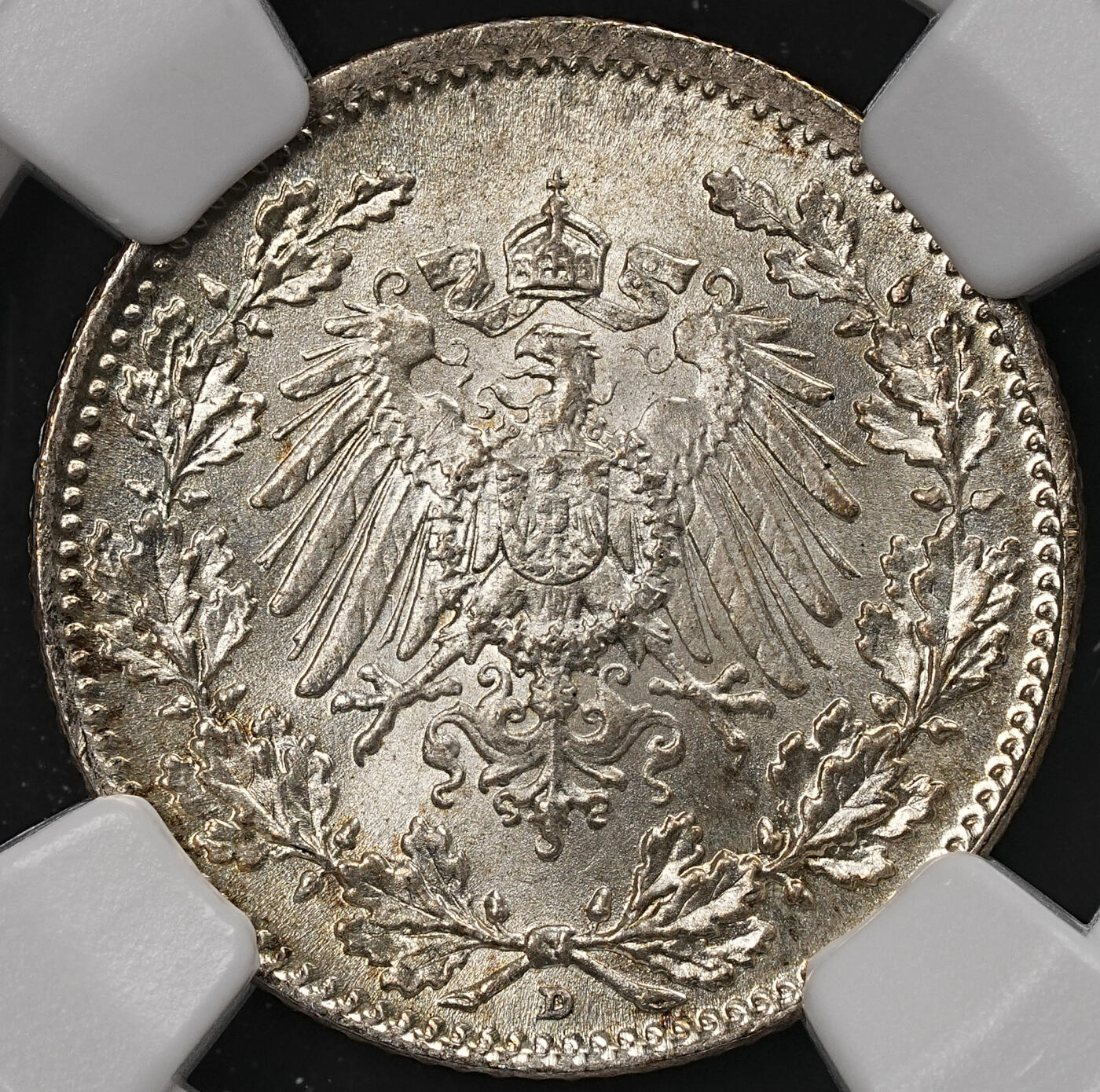 修遠堂世界钱币第111期 NGC MS67 1916年德国1/2马克银币 D厂铭