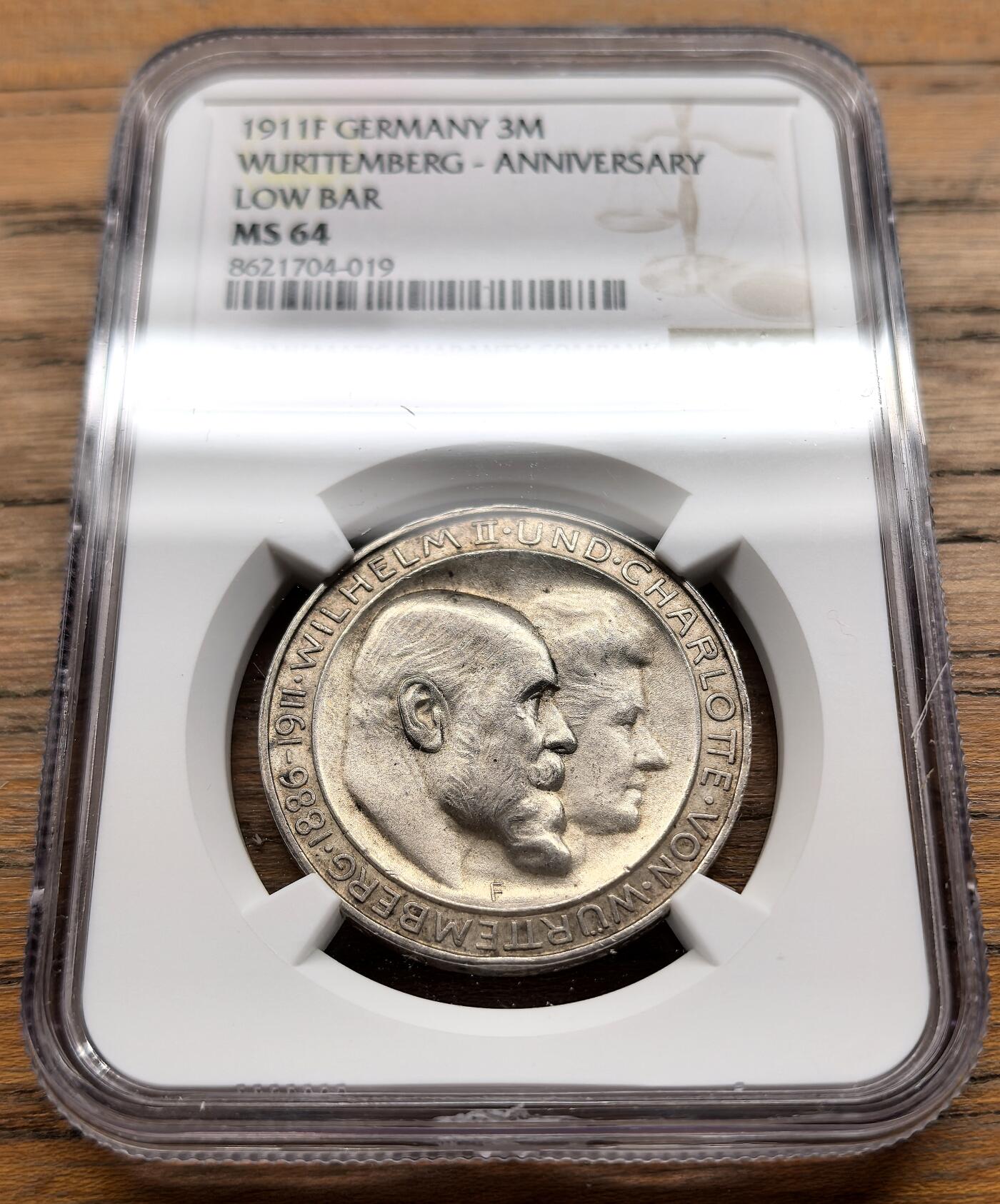 凡希社世界钱币微拍第三百二十二期 1911F德国符腾堡金婚3马克纪念银币NGC-MS64