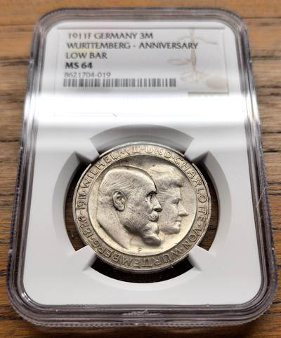 凡希社世界钱币微拍第三百二十二期 - 1911F德国符腾堡金婚3马克纪念银币NGC-MS64