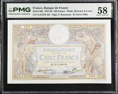 【礼羽收藏】🌏世界钱币拍卖第132期 - 1937-1939法国100法郎，PMG58分，号码无4，超大票幅，墨丘利和谷神星女神，非常精美