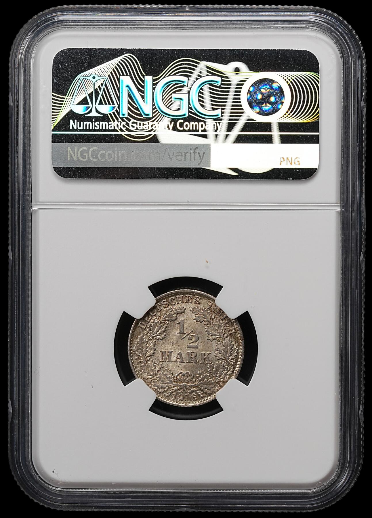 修遠堂世界钱币第111期 NGC MS66 1916年德国1/2马克银币 D厂铭