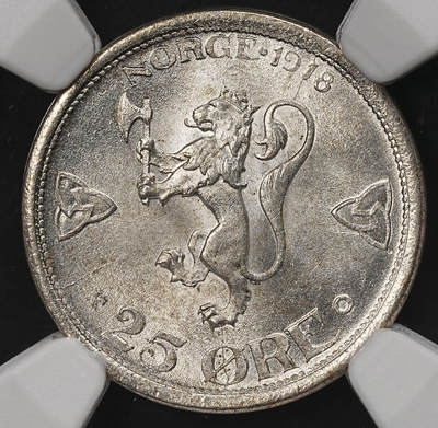 修遠堂世界钱币第111期 - NGC MS67 1918年挪威25欧尔银币，顶级品，唯一冠军分