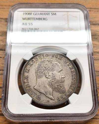 凡希社世界钱币微拍第三百二十二期 - 1908F德国符腾堡5马克大银NGC-AU58
