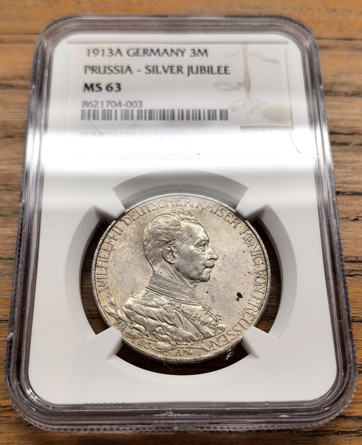 凡希社世界钱币微拍第三百二十二期 1913A德国普鲁士3马克纪念银币NGC-MS63