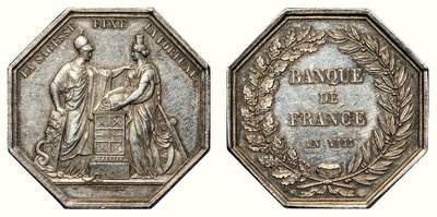 中贸圣佳2026四季・迎春拍卖会 六盈堂藏泉 钱币 证章 卡牌专场 - 法兰西银行建立 AN VIII 八角银章 直径38.7mm