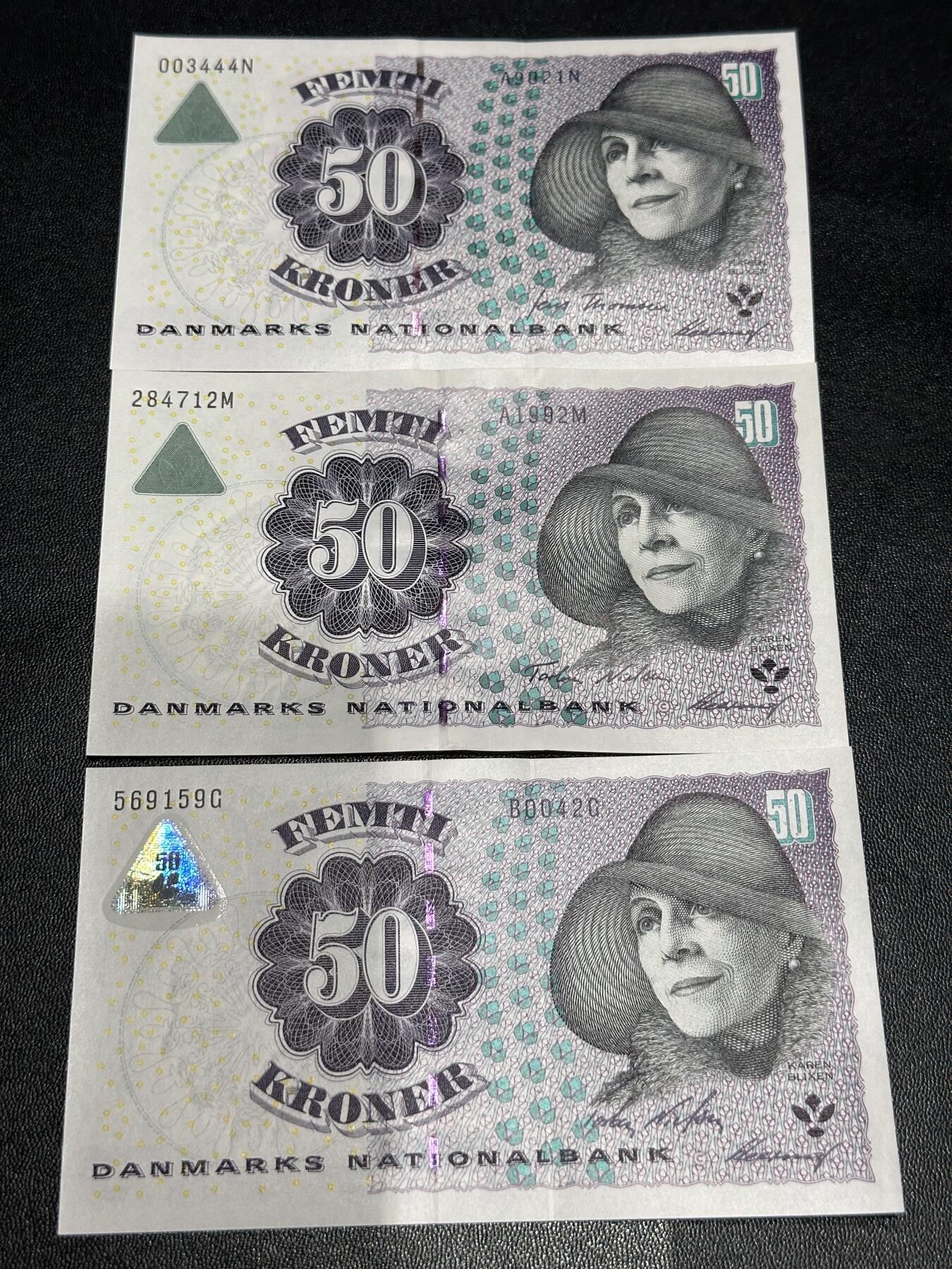 《外钞收藏家》第六百二十六期（精品场）（长期征集拍品、欢迎藏友们联系合作） 丹麦浮雕版50克朗3张不同年份不同签名（含1999年初版；绝品） 	绝品