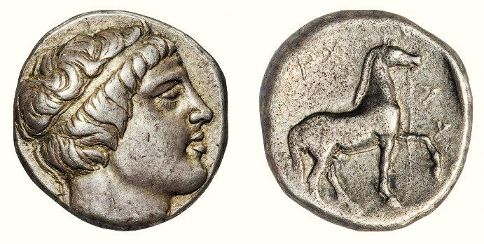 中贸圣佳2026四季・迎春拍卖会 六盈堂藏泉 钱币 证章 卡牌专场 古希腊马其顿王国太阳神阿波罗与骏马一标准重银币 长22.3mm