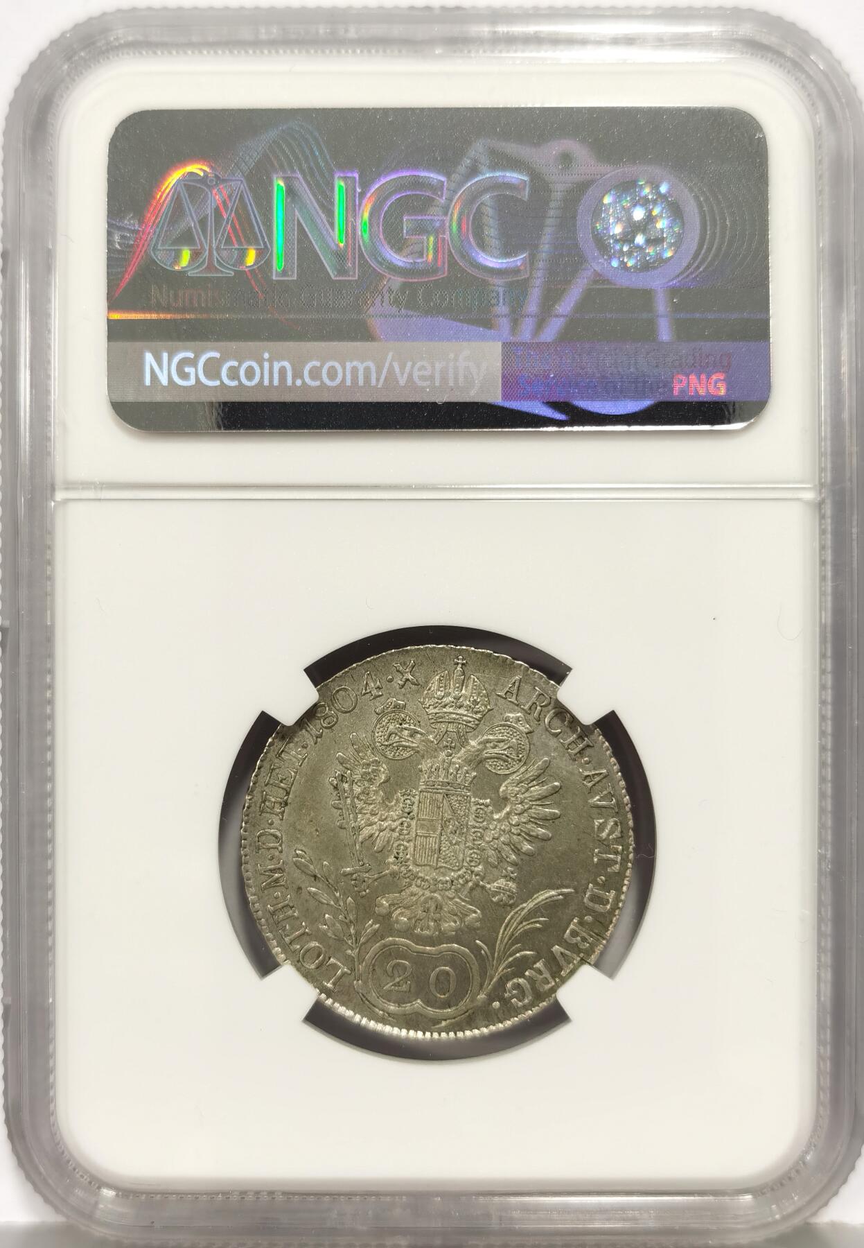博洋堂世界钱币拍卖第168期（全场包邮） NGC MS62 奥地利1804年佛朗茨一世20克鲁泽银币，仅有2枚更高分