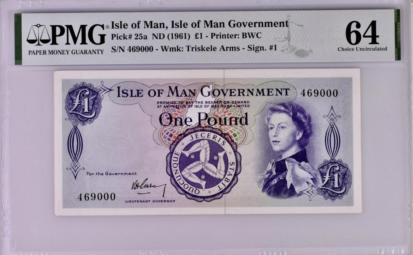 【礼羽收藏】🌏世界钱币拍卖第132期 【戎装女王】马恩1镑 无冠初版 豹子000 PMG64 壳子已剪 介意勿拍