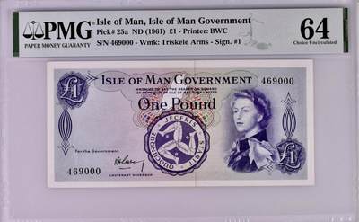 【礼羽收藏】🌏世界钱币拍卖第132期 - 【戎装女王】马恩1镑 无冠初版 豹子000 PMG64 壳子已剪 介意勿拍