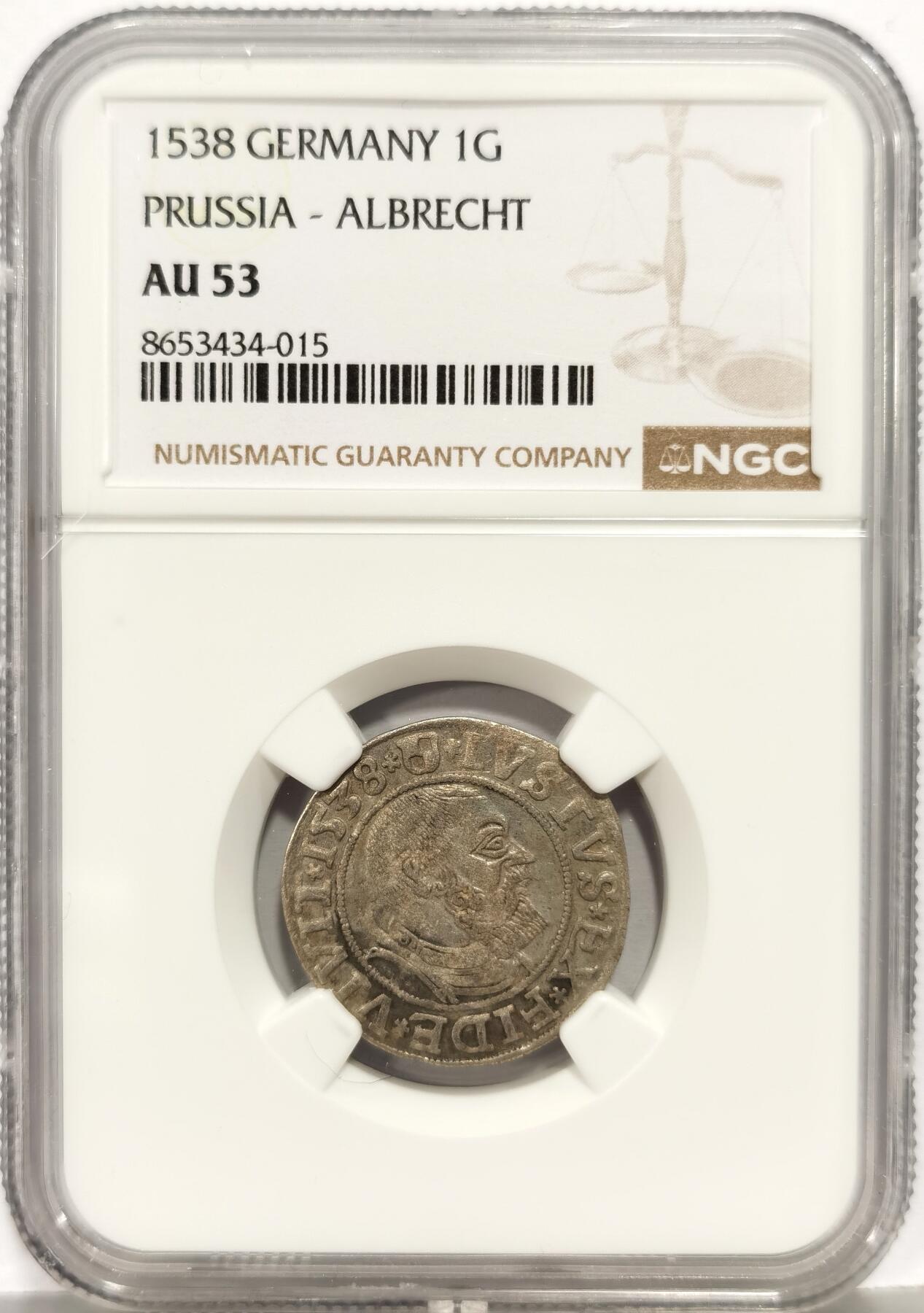 博洋堂世界钱币拍卖第168期（全场包邮） NGC AU53 德国普鲁士1538年1Grosch银币