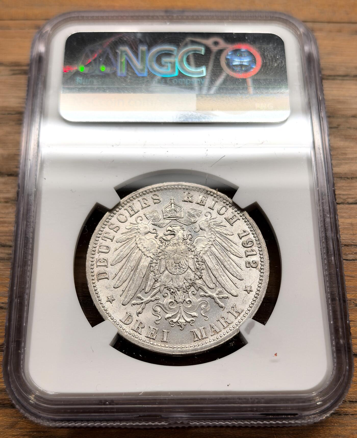 凡希社世界钱币微拍第三百二十二期 1912F德国符腾堡3马克银币NGC-UNCD