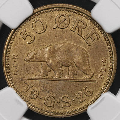 修遠堂世界钱币第111期 - NGC MS63 1926年格陵兰50欧尔