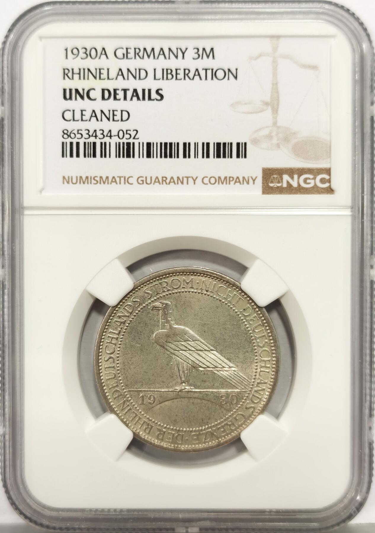 博洋堂世界钱币拍卖第168期（全场包邮） NGC UNC 德国魏玛共和国1930年A版莱茵解放3马克银币
