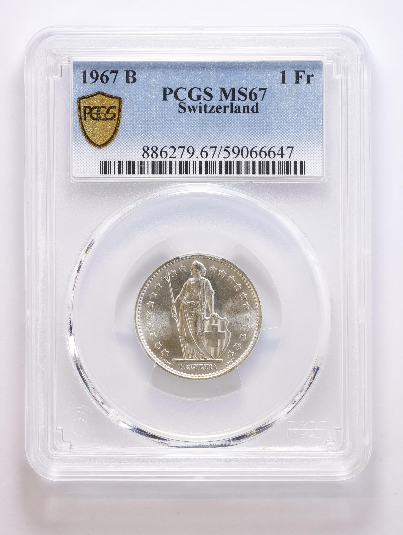 观钱 近现代机制币拍卖No.008（全场顺丰包邮，不区分偏远地区）  1967 年 瑞士 1 法郎“海尔维蒂亚女神”银币  PCGS MS67  “小币高分” 热门