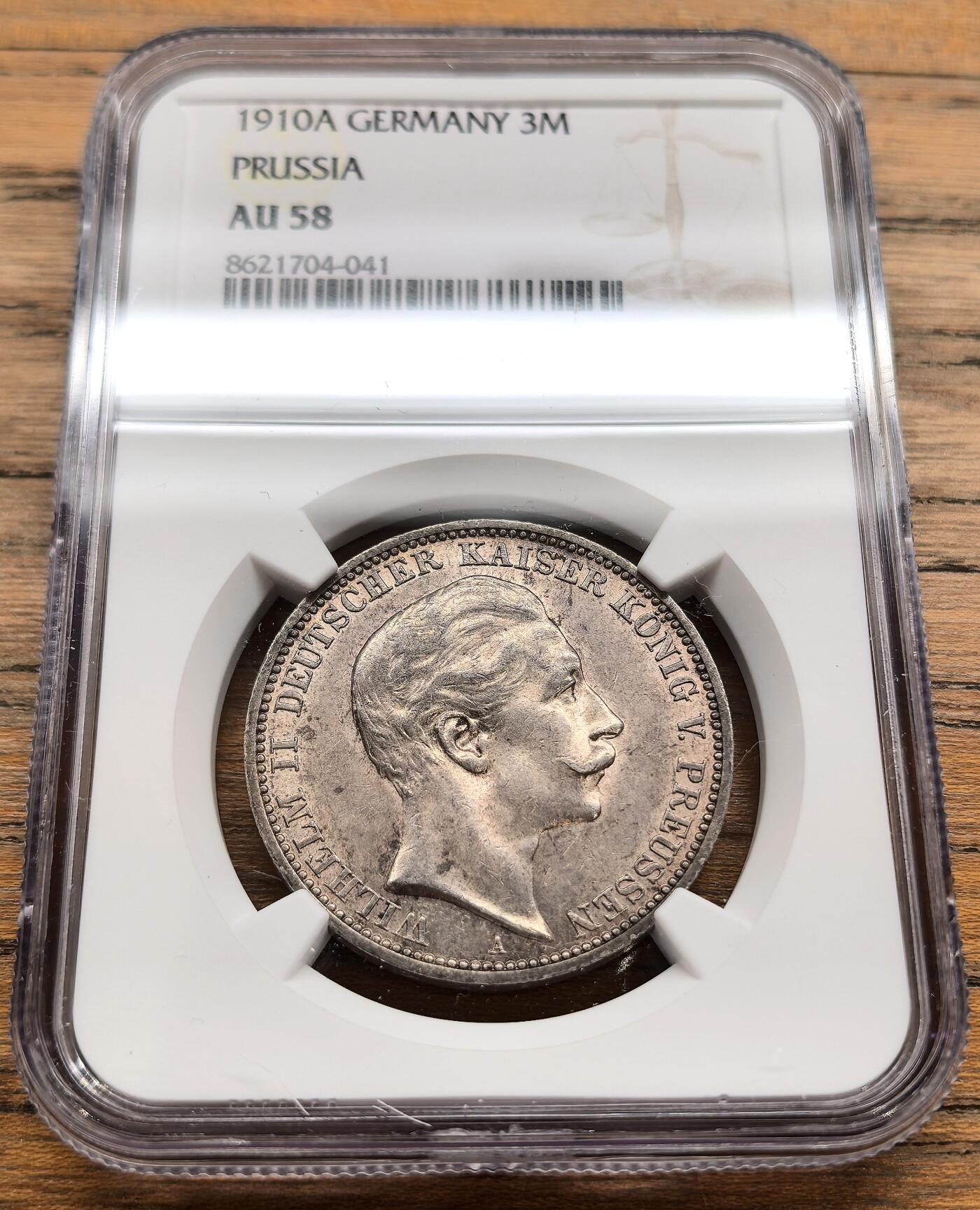 凡希社世界钱币微拍第三百二十二期 1910A德国普鲁士3马克银币NGC-AU58