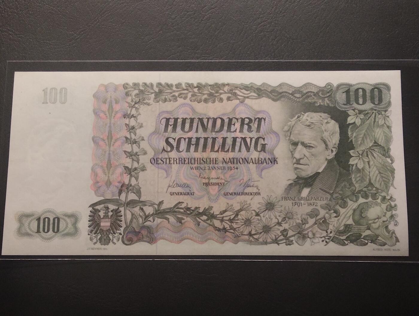 2026四月第二期，总第223期 奥地利1954版100先令UNC- 诗人赫里尔帕策和杜恩斯坦因的山间小城 稀有奥地利早期品种
