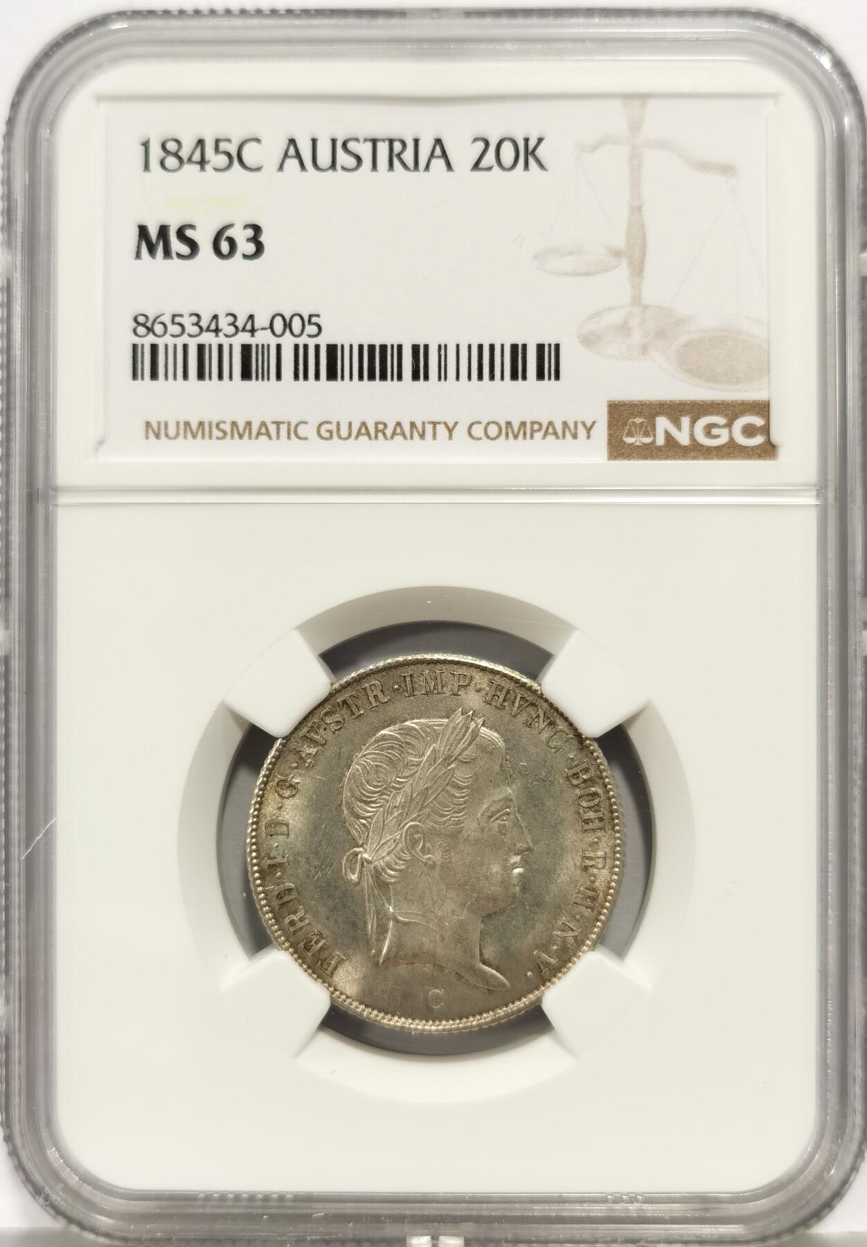 博洋堂世界钱币拍卖第168期（全场包邮） NGC MS63 奥地利1845年费迪南一世20克鲁泽银币，唯一冠军分！
