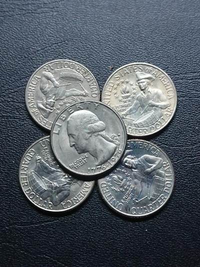 松南世界钱币——260409 - 美国1976年独立200周年25分纪念币镍币5枚