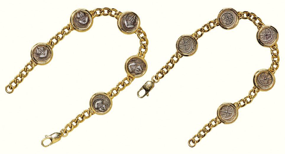 中贸圣佳2026四季・迎春拍卖会 六盈堂藏泉 钱币 证章 卡牌专场 古希腊色雷斯地区梅塞布里亚城邦头盔2奥波银币镶嵌14K金手链 长154.6mm