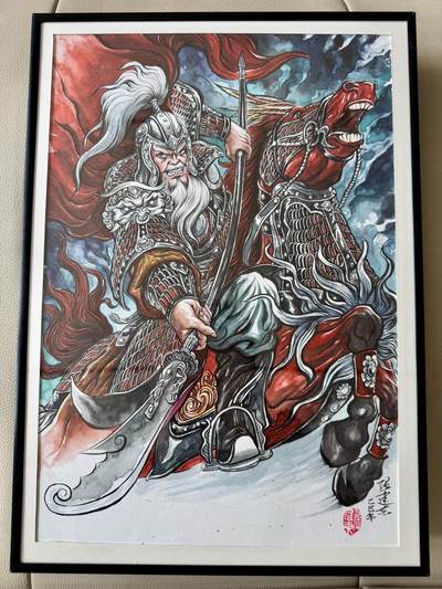 大麦马年第二场 - 张建东手绘画 黄忠 已装裱 尺寸：内26.5cm*38. 8外30.5cm*44.5cm 
