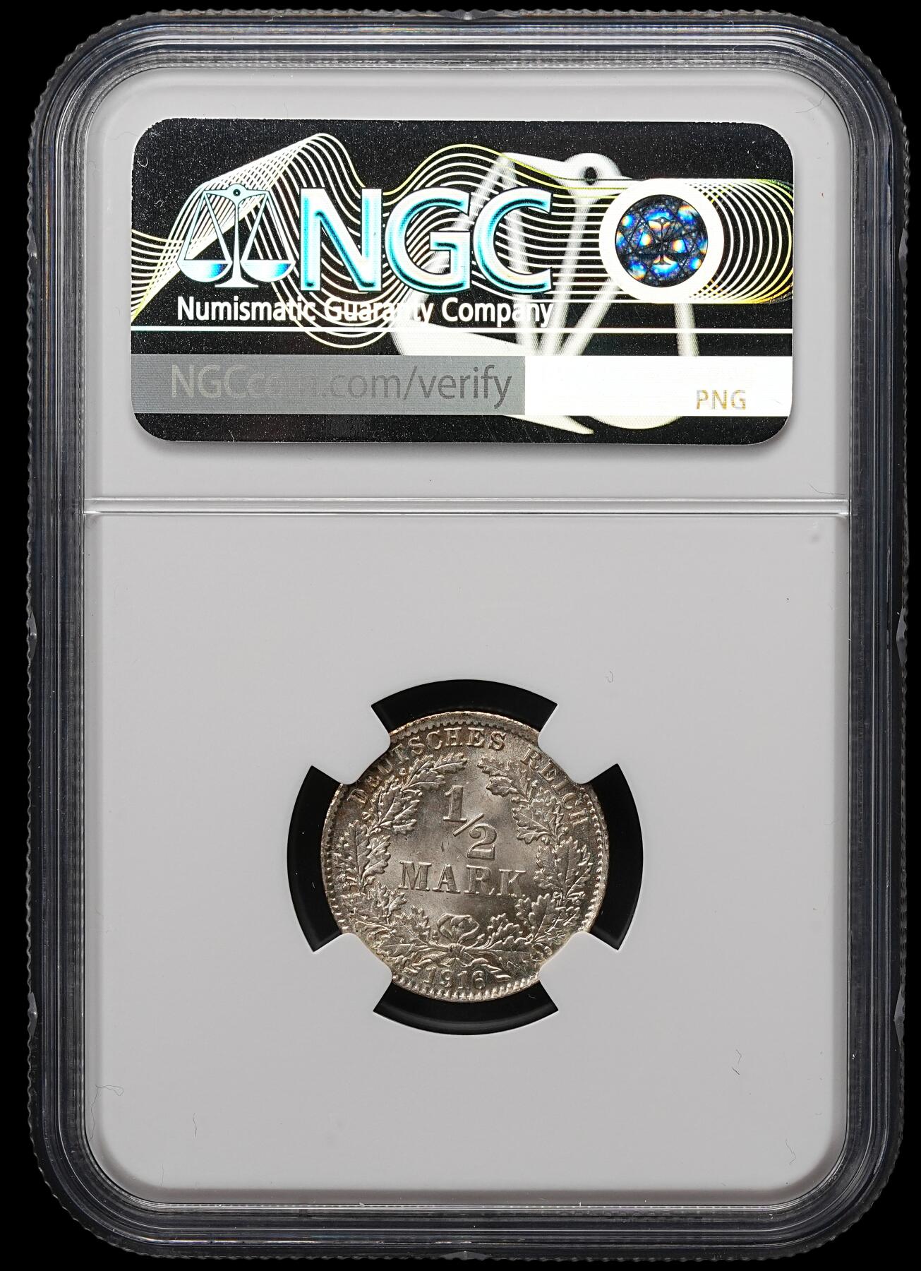 修遠堂世界钱币第111期 NGC MS67 1916年德国1/2马克银币 D厂铭
