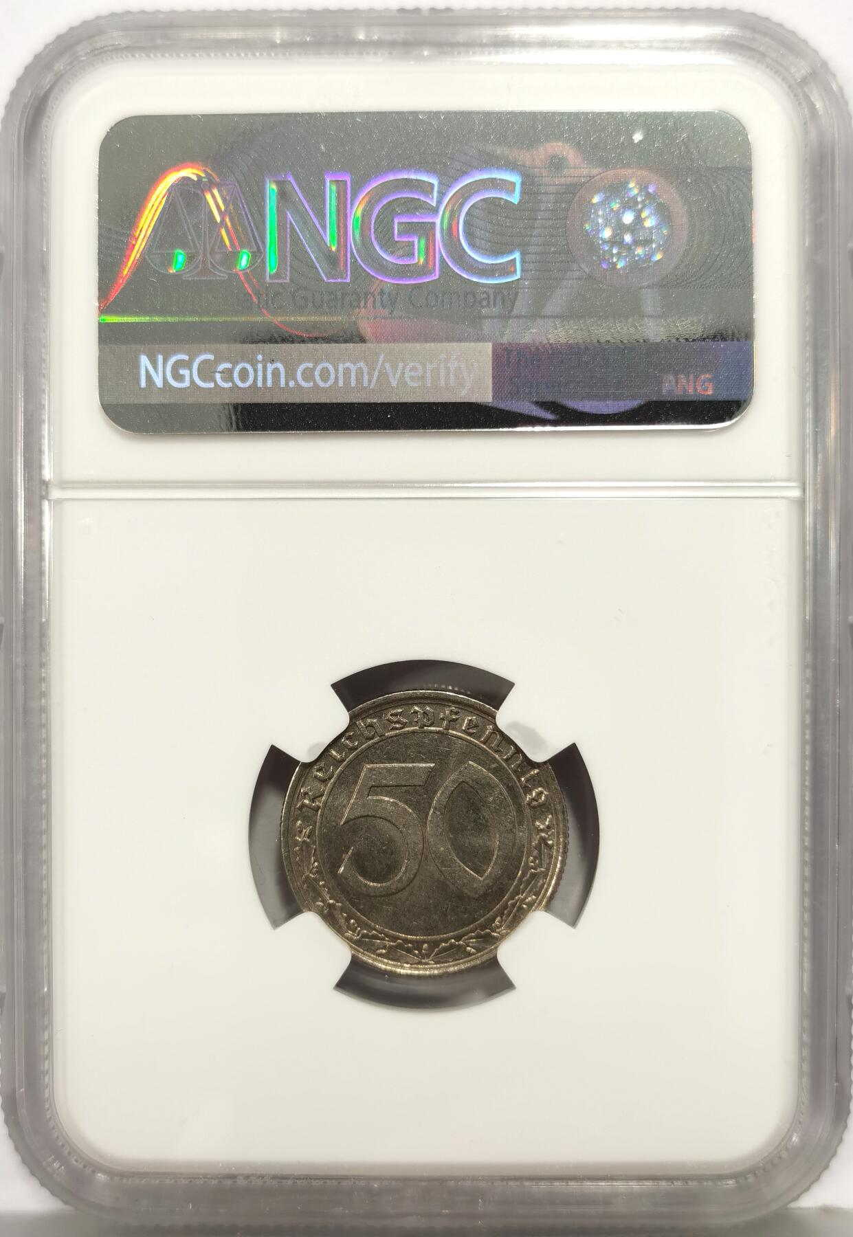 博洋堂世界钱币拍卖第168期（全场包邮） NGC MS62 德国第三帝国1938年A版50芬尼镍币，传说中的回炉坦克币
