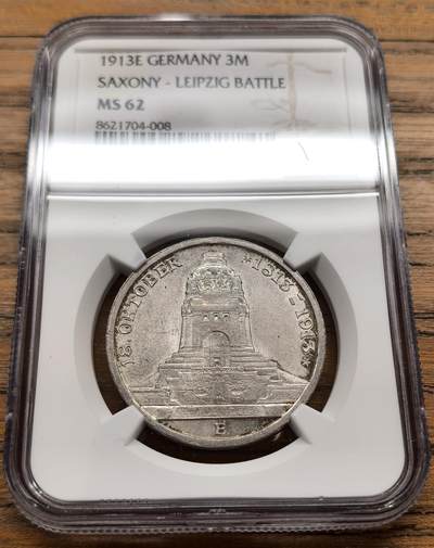 凡希社世界钱币微拍第三百二十二期 - 1913E德国萨克森莱比锡战役纪念3马克NGC-MS62