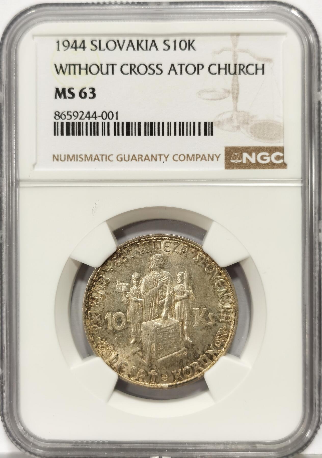 博洋堂世界钱币拍卖第168期（全场包邮） NGC MS63 斯洛伐克1944年10克朗银币，五彩原光好品，极美状态。