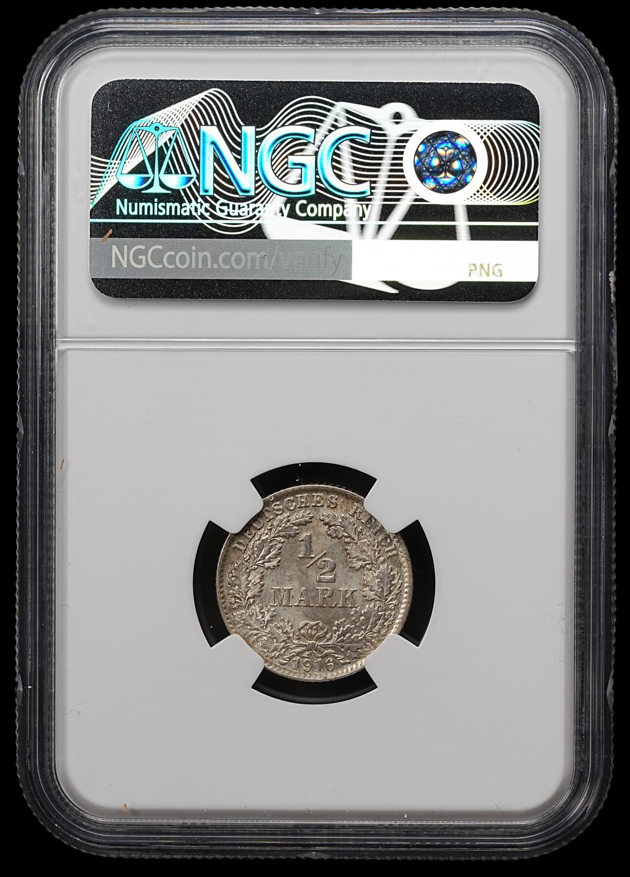 修遠堂世界钱币第111期 NGC MS66 1916年德国1/2马克银币 D厂铭
