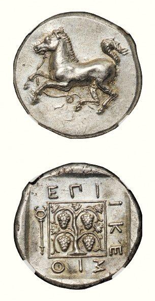 中贸圣佳2026四季・迎春拍卖会 六盈堂藏泉 钱币 证章 卡牌专场 古希腊色雷斯地区马罗尼亚城邦骏马奔腾与葡萄藤一标准重银币 直径21.5mm